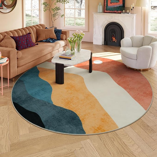 Mountain Round Rugs 8ft, Abstract Circle Rug for Living Room Non Slip Washable Bedroom Area Rug, Soft Extra Large Round Carpet for Nursery Dinng Room Playroom(Multi)