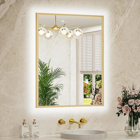 TETOTE 24 x 32 Backlit Bathroom Mirror Brushed Gold Metal Frame LED Light Vanity 3-Color White/Warm/Natural Stepless Dimmable Anti-Fog Backlight Mirror Wall-Mounted