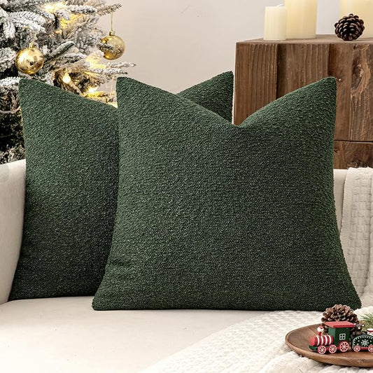 MIULEE 18x18 Inch Christmas Decorative Pillow Covers for Couch Bed Set of 2 Textured Boucle Neutral Winter Throw Pillows Dark Green Accent Solid Cushion Pillowcases Sofa Livingroom Home Decor