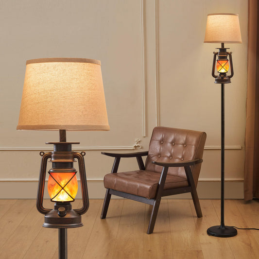 LEDIARY LED Flashing Flame Night Lantern Floor Lamp, Beige Linen Shade, Rustic Design, Bronze Brown & Black, Model LDD