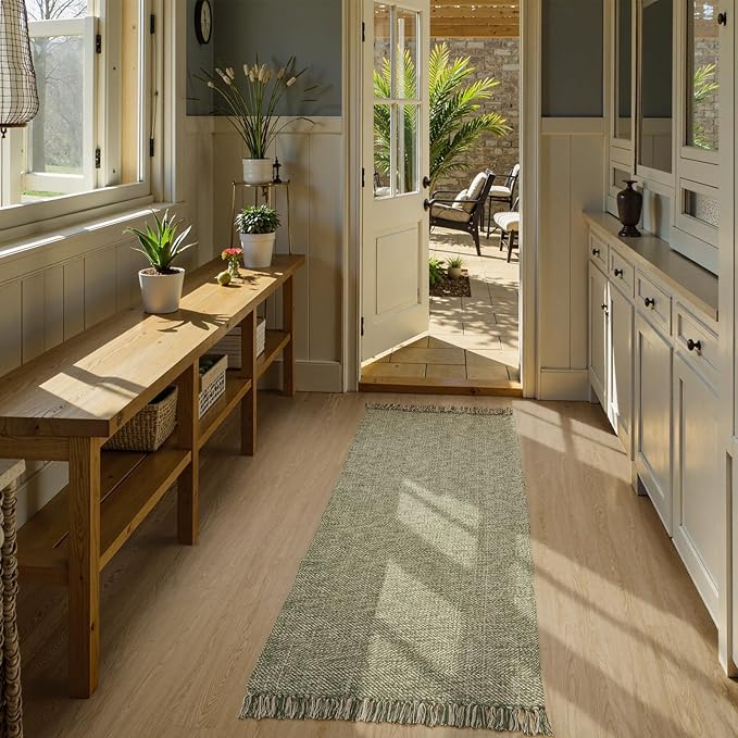 Collive Washable Runner Rugs for Hallways, 2' x 5' Natural/Green Entryway Runner Rug Soft Hand-Woven Contemporary Modern Laundry Room Indoor Carpet for Bathroom Bedroom Kitchen Front Door