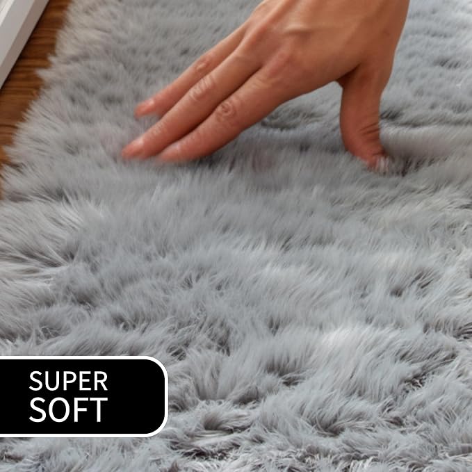 Gray Faux Fur Shaggy Rug - Oversized 6ft x 9ft Super Soft Living Room Carpet - Gray Decor for Bedroom