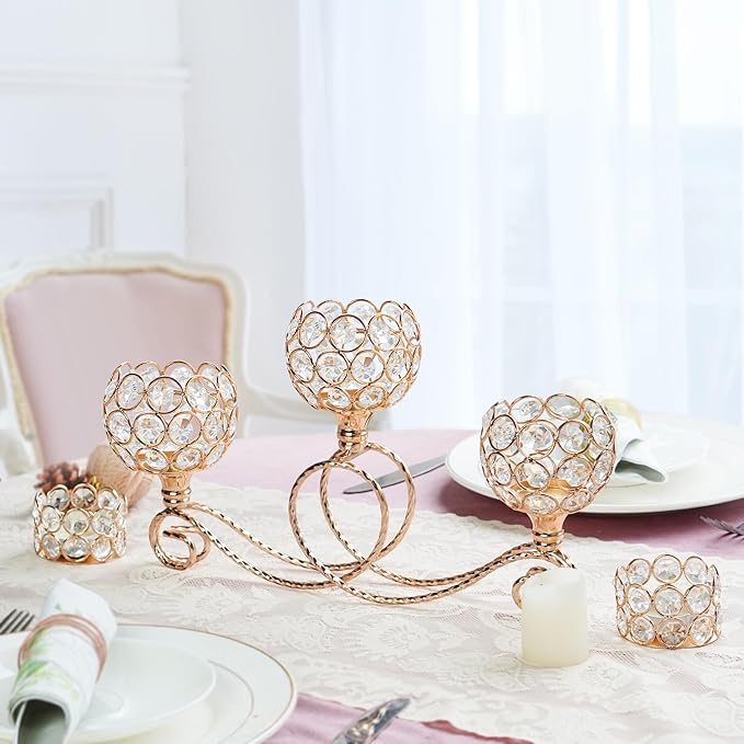 Gold 3 Arm Metal Crystal Tea Light Candle Holder, Elegant Wedding Table Centerpiece Candleholder, Christmas Wishing Crystal Bowl Candle Holder Suitable for Wedding Party Living Room Decoration