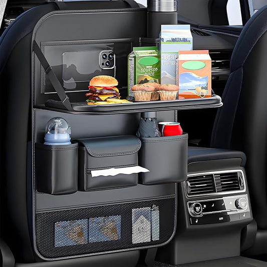 FASTAGEI Universal Foldable Car Backseat Organizer with Table Tray, Car Seat Back Protector with Touch Screen Phone Holder, Premium Leather Kick Mats with Storage Pockets Tissue Holder (Black)