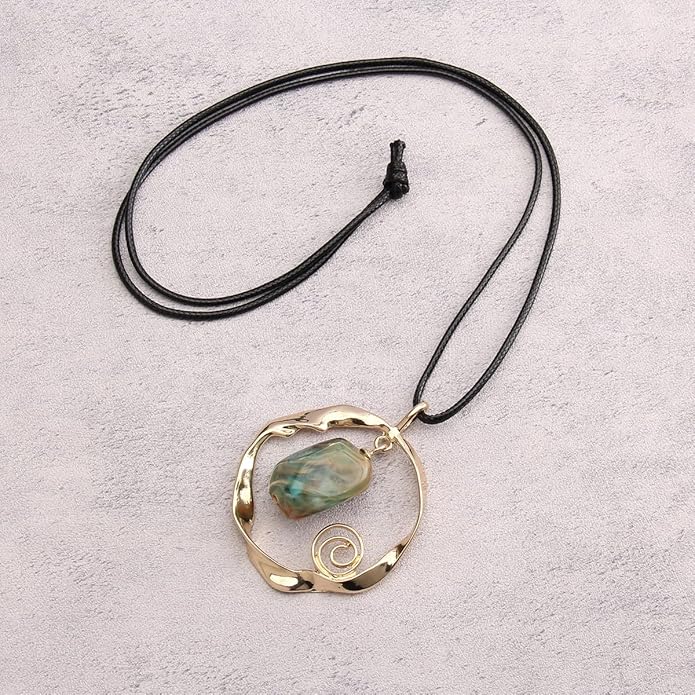 Leather Necklace for Women Boho Choker Necklace Long Cord Leather Pendant Bohemian Neckalce Vintage Alloy Pendant Leather Rope Necklace Wooden Necklaces for Women