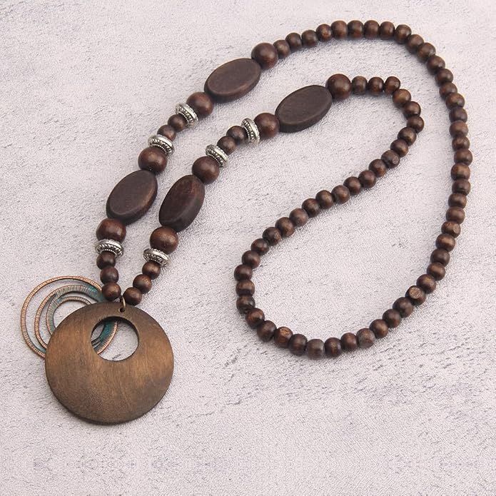 Leather Necklace for Women Boho Choker Necklace Long Cord Leather Pendant Bohemian Neckalce Vintage Alloy Pendant Leather Rope Necklace Wooden Necklaces for Women