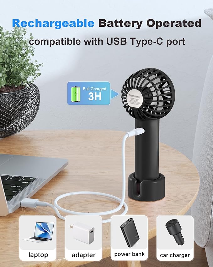 Coohea Mini Handheld Fan, Small Cute Design, 3 Powerful Speeds, USB Rechargeable Battery Operated, Personal Portable Fan with Base & Lanyard, for Eyelash Makeup Travel Beach Office Desk, Black
