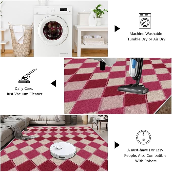 Plaid Rug, Soft Ultra Soft Faux Wool Rhombus Geometric Rugs, Indoor Floor Mats Carpet, Non Slip&Non-Shedding Low Pile Washable Rugs, Modern Red 5x8 Area Rug for Bedroom Home Decor
