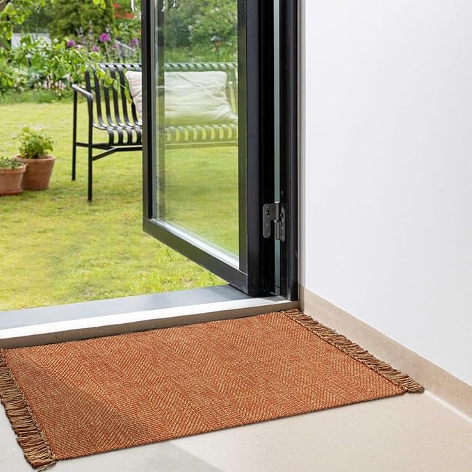 Collive Kitchen Runner Rug, 2' x 4.3' Hand-Woven Reversible Washable Rugs, Terracotta Cotton Modern Farmhouse Bathroom Mat Hallway Carpet for Foyer Bedroom Entry Front Door Fall Decor