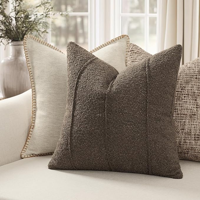 YCOLL Textured Boucle Throw Pillow Covers 20x20 Pack of 2 - Soft Neutral Striped Cushion Covers, Cozy Accent Decorative Pillow Covers for Couch, Sofa, Bed, Living Room (Brown)