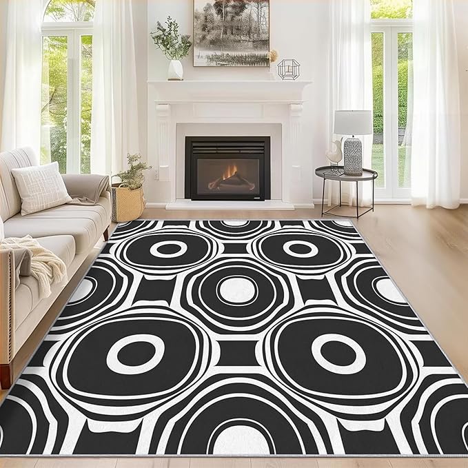 Black and White Geometric Rugs for Home Decor, 4x5 ft, Ring Circle Area Rugs for Living Room, Soft Non Slip Washable Modern Abstract Carpet Bedroom Decorations Dt-Ghf-31