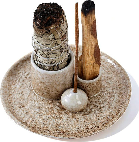 5 in 1 Incense Holder Burner, 5.9" Ceramic Holder for Burning Palo Santo Sage Candle and Incense Sticks Cones, Ash Catcher Tray for Meditation Room Home Décor (Bronze)