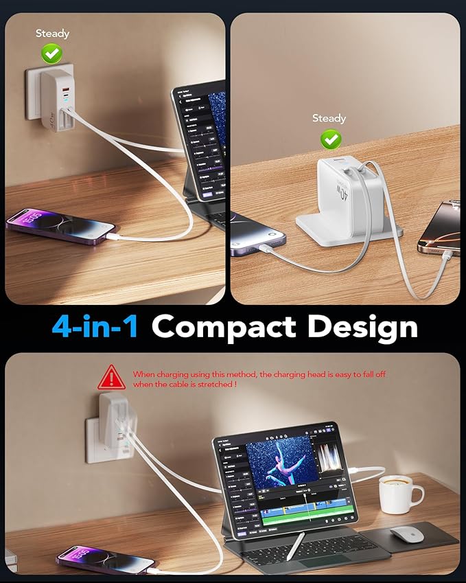4-in-1 Retractable Gan Wall Charger Plug for iPhone 17 USB C,Travel Essentials Brick Multiport,3ft Lightening+ Type C Cables,40W Fast Charging Foldable Block for iPhone 17 Pro/16/15/14/13,iPad,Galaxy