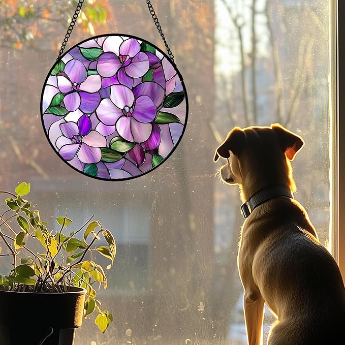 DASTOLL Stained Glass Window Hanging 4 Pcs Set Purple Flower Theme Large 11.8" - Tulip Suncatcher Door Garden Sun Catcher Decor Birthday Christmas for Plant Lovers Woman Nana Men