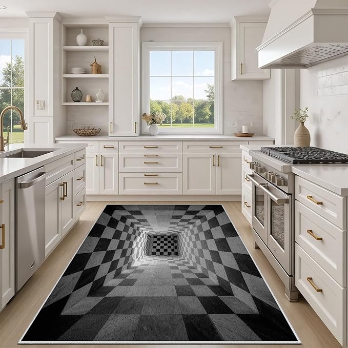 3D Rug 6x8, Plaid Soft Ultra Soft Faux Wool Low Pile Optical Illusion Rug, Indoor Floor Mats Abstract Geometric Carpet, Non-Slip Stain Resistant Washable Rugs, Modern Gray Rugs for Living Room