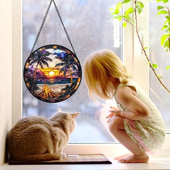Stained Glass Window Hanging,Bonfire Beach Landscape Suncatcher Diamond Glass Panel Sun Catchers Decor for Birthday for Women, Men, Wife, Aunt, and Mom 6.3 in