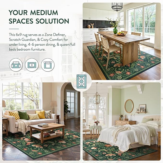Moynesa Floral Bird 6x9 Green Area Rug for Living Room Bedroom Dining Room, Vintage Home Decorations for Modern Cottage Farmhouse Aesthetic Open Areas,Comfort Floor Protection Non-Slip Washable