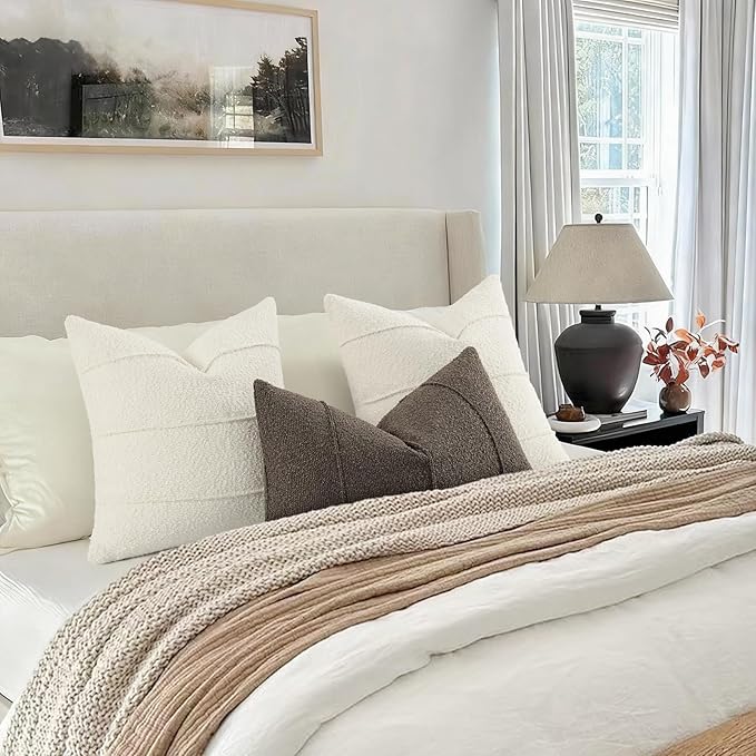 YCOLL Textured Boucle Throw Pillow Covers 24x24 Pack of 2 - Soft Neutral Striped Cushion Covers, Cozy Accent Decorative Pillow Covers for Couch, Sofa, Bed, Living Room (Ivory)
