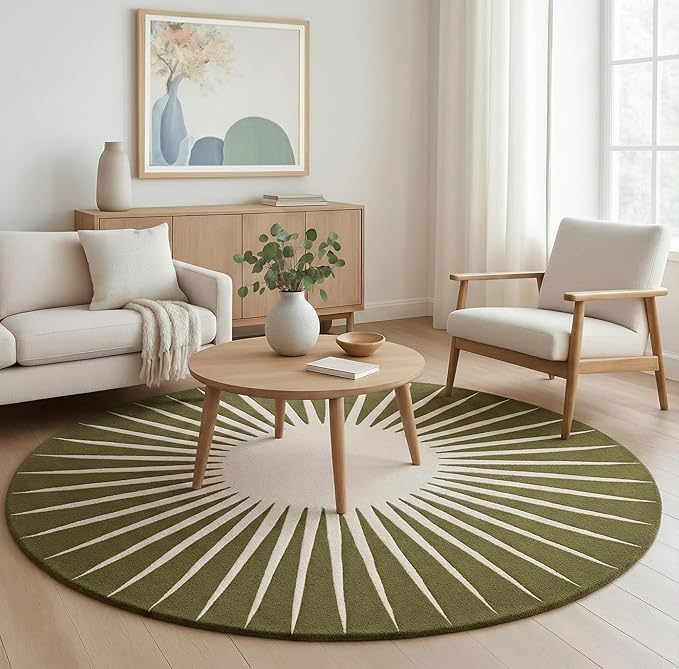 Modern Round Area Rug – Hand-Tufted with 100% NZ Wool, Thick & Soft Circular Carpet for Living Room, Bedroom & Dining Room Decor (Moss Green, 8' Round)