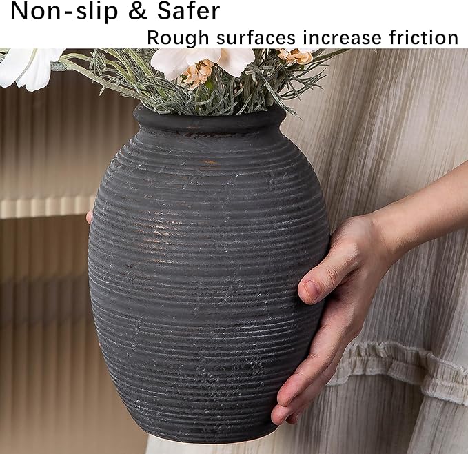 8 Inch Ceramic Black Vase -Rustic Flower Decorative Vases for Home Decor- Vintage Pottery VaseTerracotta Vase for Christmas, Farmhouse House Shelf Decor Farmhouse Table, Lyeec