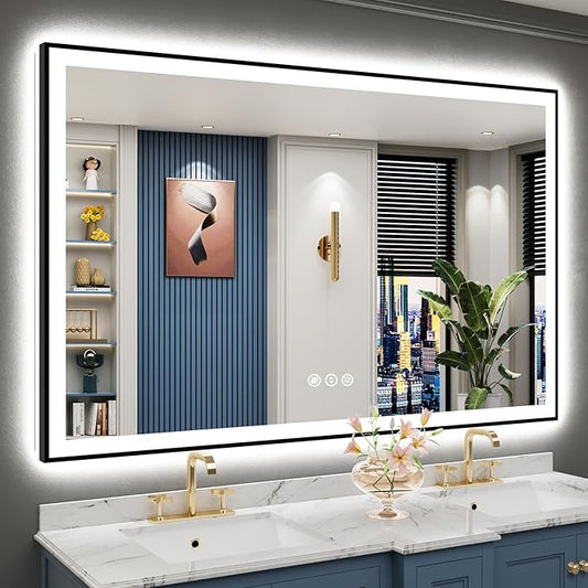60x40 Black Framed LED Bathroom Mirror with Lights, Backlit and Front Lit, Anti-Fog Lighted Vanity Mirrors for Bathroom Wall, Dimmable, 3-Color Light, Memory, Shatter-Proof, HD Tempered Glass