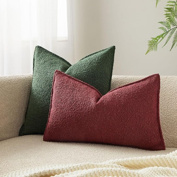 JUSPURBET 12x20 Throw Pillow Covers Set of 2 Decorative Pillow Covers for Couch Sofa Bed Cozy Boucle Textured Lumbar Cushion Covers Cases with Invisible Zipper for Living Room Home Decor,Burgundy