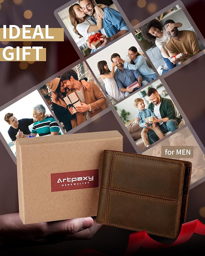 Artpaxy Mens Wallet Bifold Genuine Leather RFID Blocking Wallet for Men with 2 ID Windows 12 Card Holders 2 cash pockets 1 Gift Box