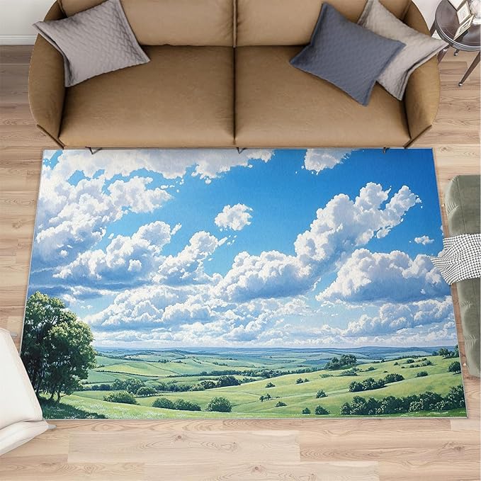Sky and Clouds 2x3 Area Rugs for Living Room -Grassland and Pasture Washable Rug Rural Landscape Non-Slip Carpet Indoor Floor Stain Resistant Thin Carpets for Bedroom Dining Room Home Office