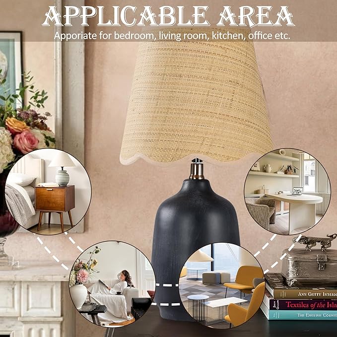 Pia Ricco 19" Modern Ceramic Table Lamp for Living Room Cream Base Desk Lamps for Bedroom Farmhouse Bedside Nightstand Lamp End Table Lamps,Black,Rattan Shade