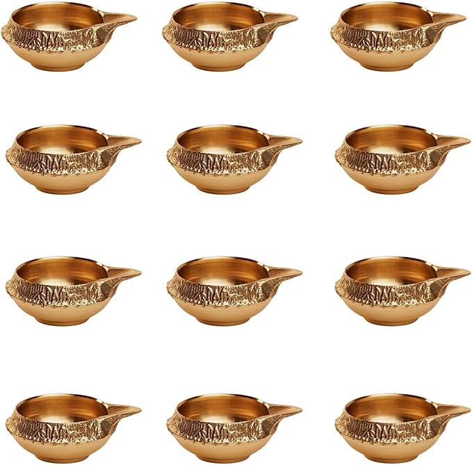 AVADOR Handmade Brass Indian Puja Oil Lamp, Golden Diya Lamp Engraved Design Diya for Diwali Pooja 2.5 Inch (12)