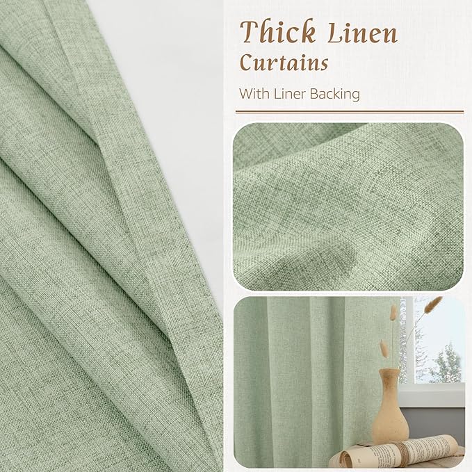 LAMIT 100% Blackout Linen Curtains, 45 Inches Linen Textured Thermal Bedroom Curtains Back Tab and Rod Pocket Neutral Panels with White Liner for Farmhouse, 2 Panels, 42 x 45 Inch, Light Green