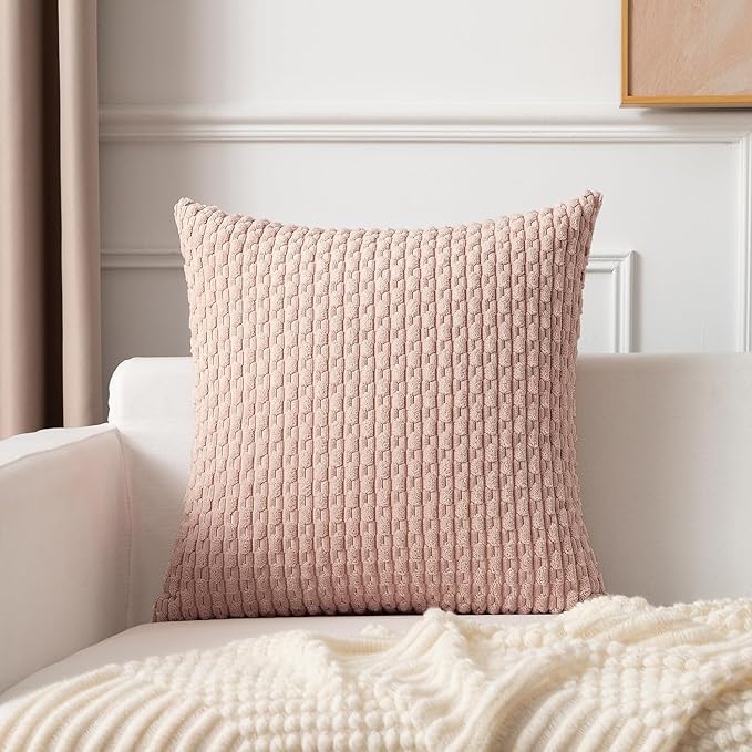 Kevin Textile Valentines Day Corduroy Decorative Throw Pillow Covers 20x20 Inch Pack of 2 Soft Boho Striped Pillow Covers Modern Home Decor Gifts for Spring Sofa Living Room Couch Bed Light Pink