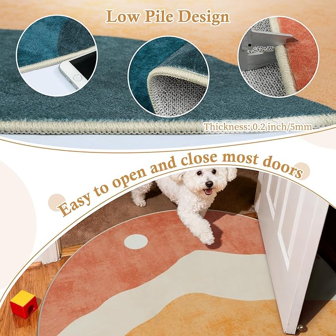 Abstract Round Rug for Bedroom 4ft, Faux Wool Soft Area Circle Area Rug, Boho Washable Low Pile Classroom Rugs, Carpet for Living Room Sofa Bathroom Nursery Kids Room Decor