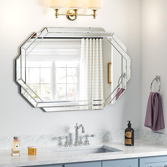 Octagonal Frameless Wall Mirror, 24'L x 35'W, Modern Bathroom Mirror with Beveled Edges