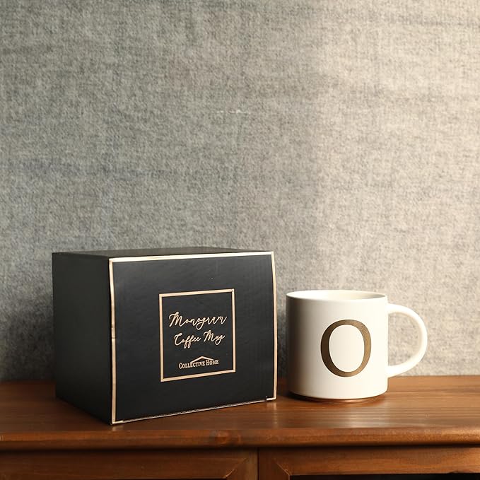 COLLECTIVE HOME - Monogram Ceramic Mugs, 15 oz Golden Initial Coffee Cups, Elegant Alphabet Tea Mugs, Elegant Personalized Mug with Gift Box, Unique Mug with Double Side Capital Letter (O)