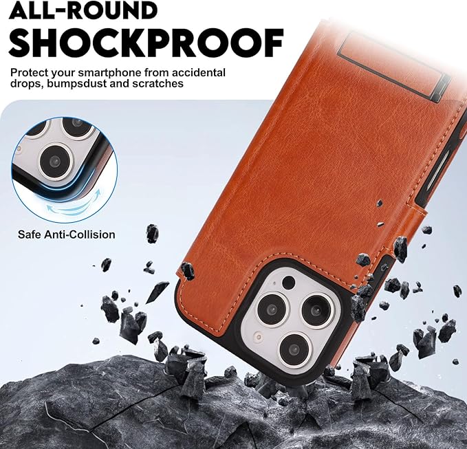 CIVICASE for iPhone 16 Pro Wallet Case with Stand,PU Leather Flip Credit Card Holder Slots (RFID Blocking),Compatible with Magsafe Magnetic Holder Phone Cover Women Men,Brown