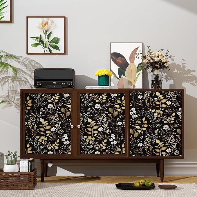 Boho Wallpaper Peel and Stick Dark Floral Wallpaper 17.5in x118in Vintage Leaf Contact Paper Vinyl Waterproof Self Adhesive Golden Leaf Botanical Wall Paper for Cabinet Table Drawer Decor