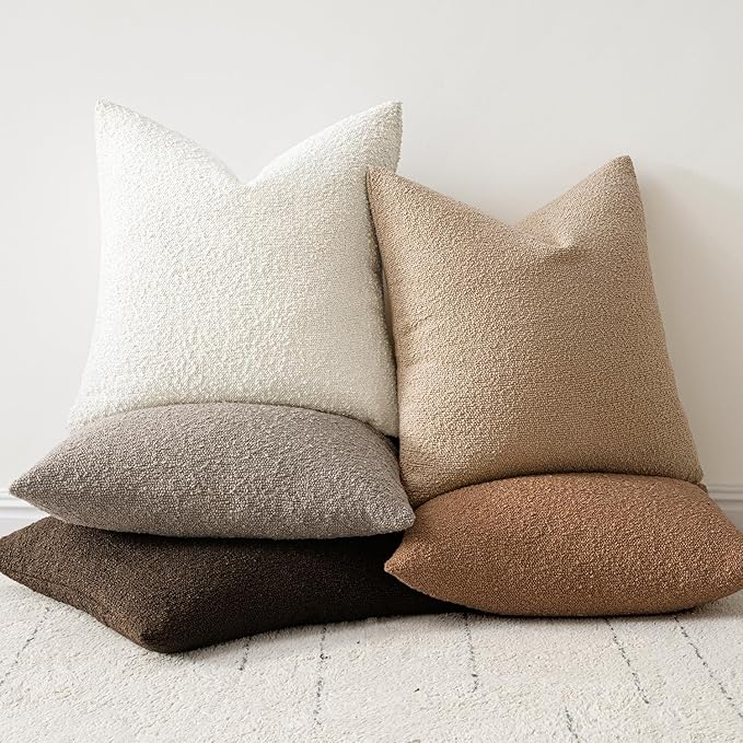 Woaboy Pack of 2 22x22 Inch Decorative Boucle Throw Pillow Covers Textured Square Pillowcaes Accent Euro Solid Cozy Soft Cushion Covers Home Decor for Sofa Couch Living Room Home Decor,Brown