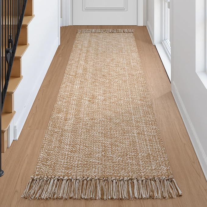 Collive Hallway Runner Rug, 2' x 6' Hand Woven Reversible Washable Entryway Rugs, Tan Cotton Modern Laundry Room Carpet Long Farmhouse Carpets for Bathroom Sink Foyer Bedroom