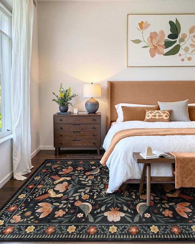 Moynesa Area Rugs 9x12 Black Folk Art Home Decor, Modern Transitional Aesthetic Floral Bird Medallion Carpet for for Living Room Bedroom Dining Room,Non-Slip Washable Floor Protection