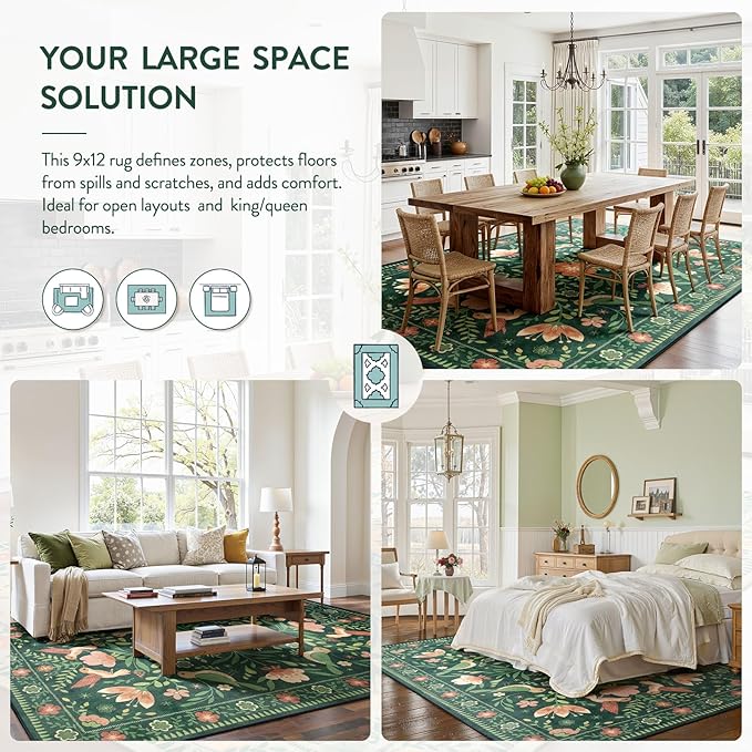 Moynesa Area Rugs 9x12 Green Vintage Home Decor, Modern Cottage Farmhouse Aesthetic Floral Bird Medallion Carpet for for Living Room Bedroom Dining Room,Non-Slip Washable Floor Protection
