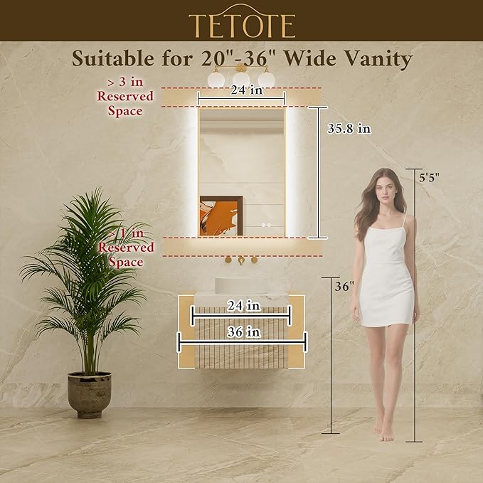 TETOTE 24 x 36 Backlit Bathroom Mirror Brushed Black Metal Frame LED Light Vanity 3-Color White/Warm/Natural Stepless Dimmable Anti-Fog Backlight Mirror Wall-Mounted