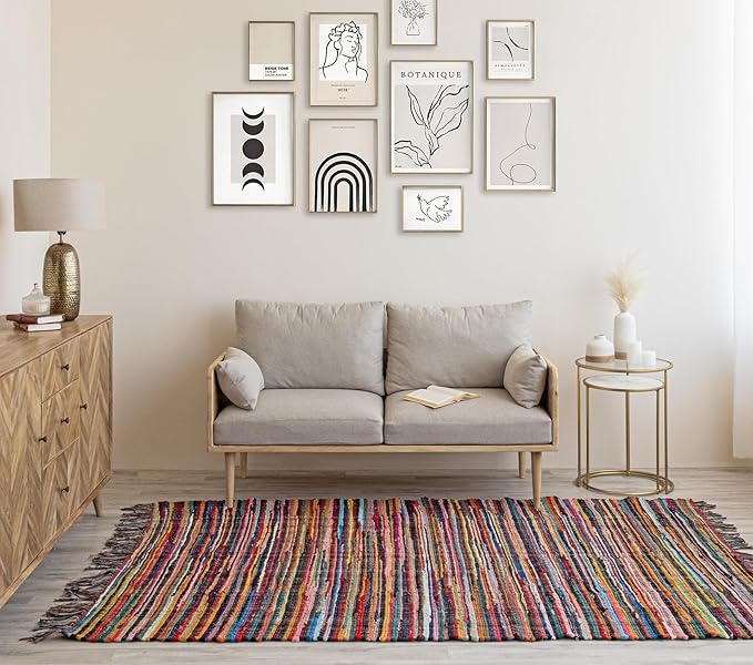 HOMEMONDE Multicolor Rag Rug with Tessels - 4'x6' Reversible Handcrafted Cotton Chindi Area Rug Vibrant Boho Home Decor for Bedroom, Living Room, Dining Room, Laundry Room
