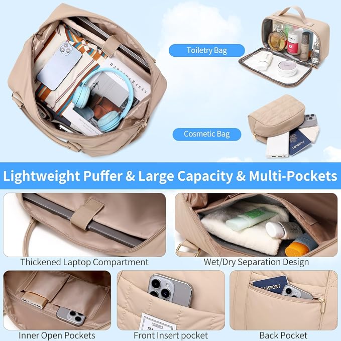 Weekender Bag, Large Travel Duffel Bag for Women, Carry on Overnight Bag with Shoe Compartment and Toiletry Bags