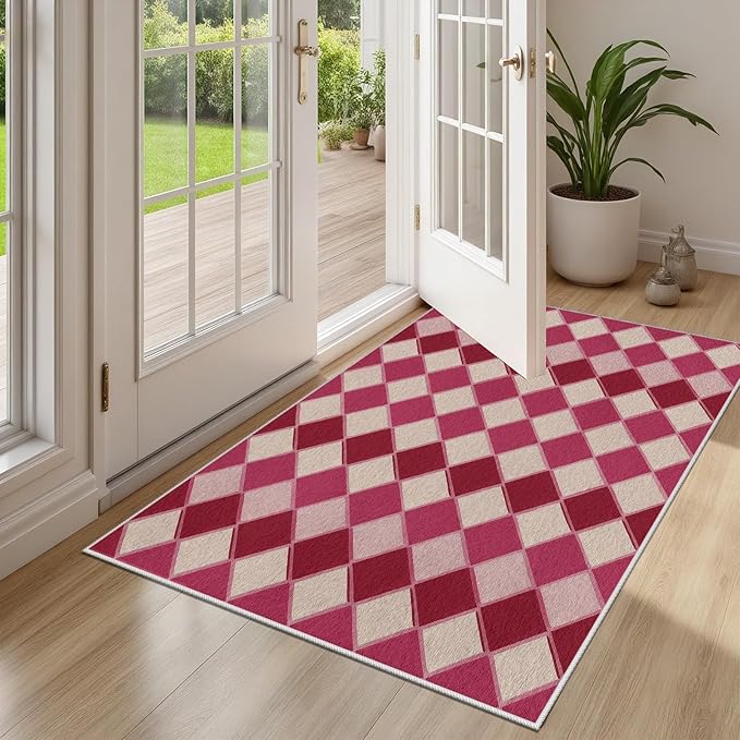 Plaid Rug, Soft Ultra Soft Faux Wool Rhombus Geometric Rugs, Indoor Floor Mats Carpet, Non Slip&Non-Shedding Low Pile Washable Rugs, Modern Red 5x7 Area Rug for Bedroom Home Decor