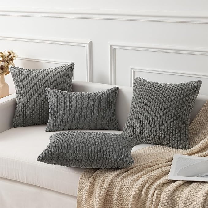 Kevin Textile Pack of 2 Corduroy Decorative Throw Pillow Covers 22x22 Inch Soft Boho Striped Pillow Covers Modern Farmhouse Home Decor for Spring Sofa Living Room Couch Bed Dark Grey