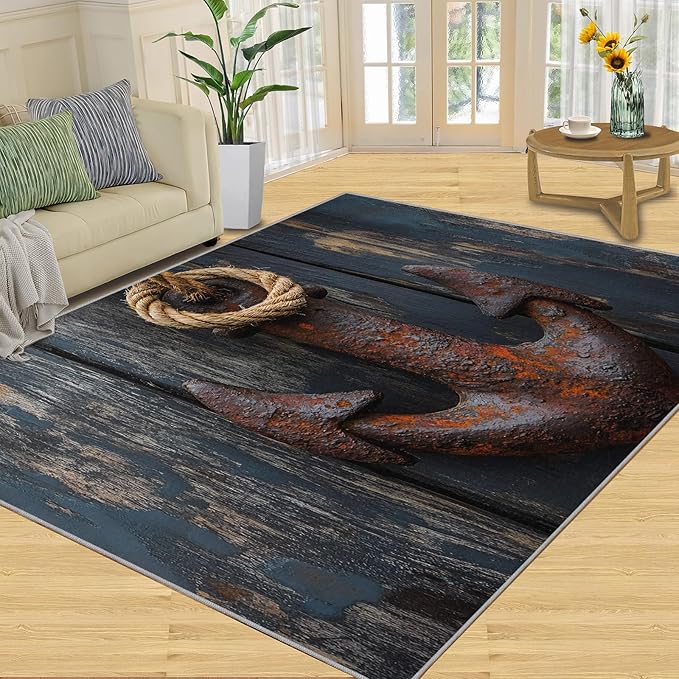 Nautical Anchor 6x9 Area Rugs,Distressed Wood Bedroom Rug Nautical Style Non-Slip Washable Rug for Living Room Nursery Kitchen Low-Pile Carpet