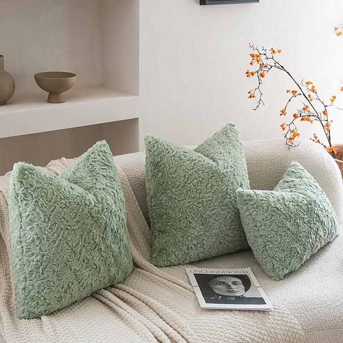 Neelvin Set of 2 Faux Fur Throw Pillow Covers 16x16 Inch Sage Green Cozy Soft Solid Decorative Pillowcases Thick Plush Sheepskin Cushion Case for Chair and Couch Sofa Bedroom