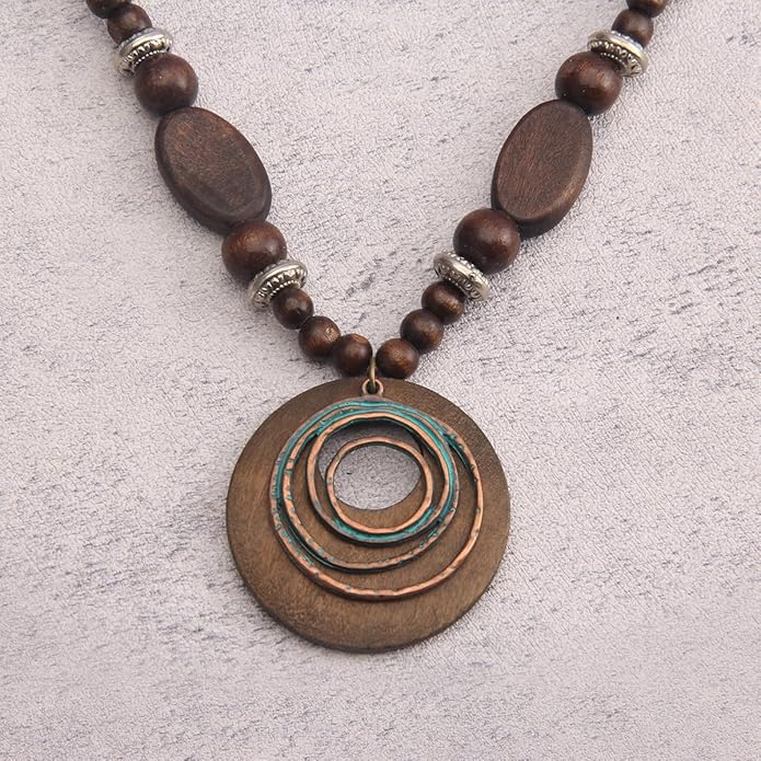 Leather Necklace for Women Boho Choker Necklace Long Cord Leather Pendant Bohemian Neckalce Vintage Alloy Pendant Leather Rope Necklace Wooden Necklaces for Women