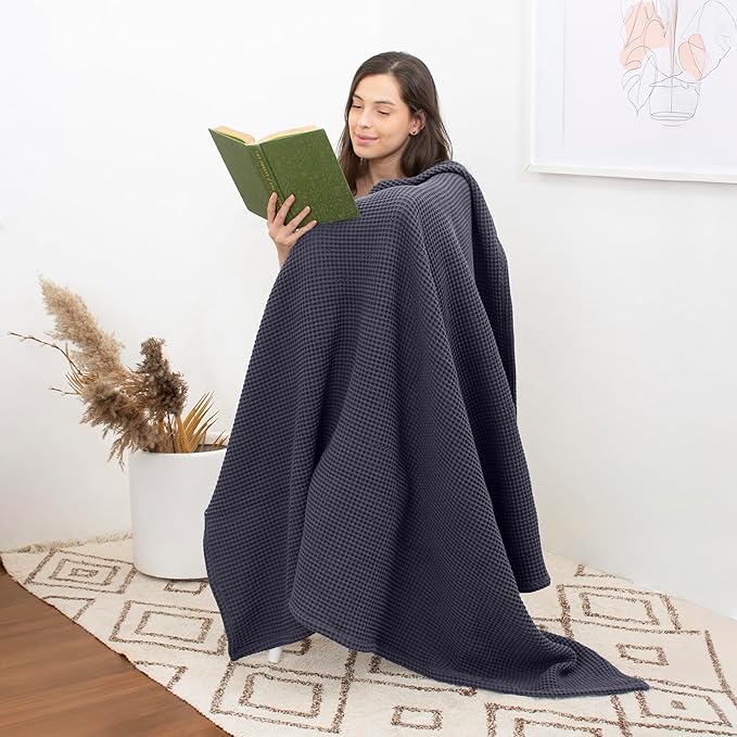 Organic Cotton Waffle Blankets Throw Size (50" x 60") Lightweight, Breathable and Soft, for Sofa, Couch, Bed, Picnic All-Season - Summer, Spring, Winter (Grey)